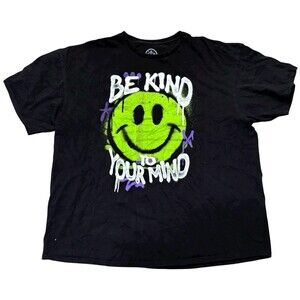 VTG Smiley Face Be Kind to Your Mind Graffiti Tee Mens 2XL Black T-Shirt